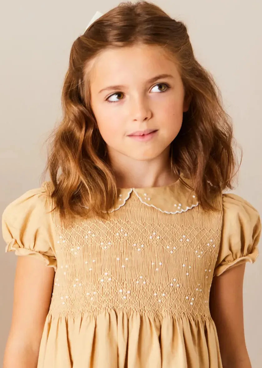 Dresses | Dresses | Pepa London Hand Smocked Peter Pan Collar Short Sleeve Dress in Beige (12mths-10yrs)