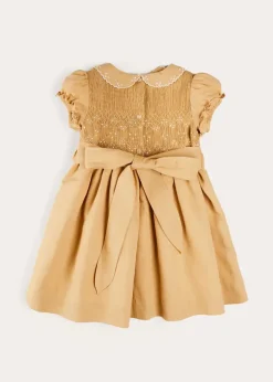 Dresses | Dresses | Pepa London Hand Smocked Peter Pan Collar Short Sleeve Dress in Beige (12mths-10yrs)