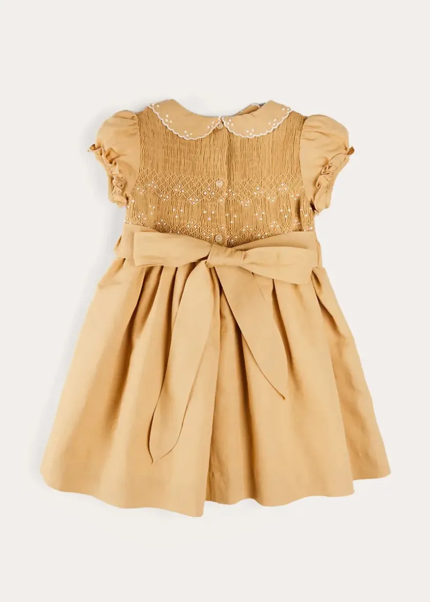 Dresses | Dresses | Pepa London Hand Smocked Peter Pan Collar Short Sleeve Dress in Beige (12mths-10yrs)