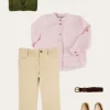Lookbooks | Pepa London Hertford Striped Mao Collar Long Sleeve Shirt in Coral (12mths-10yrs) | Plain Five Pocket Chino Trousers in Camel (4-10yrs) | Safari Button Detail Cardigan in Green (4-10yrs) | Lace Up Plimsolls in Taupe (24-35EU) | Brown Striped Belt