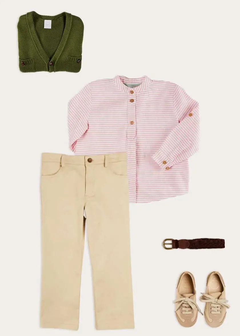 Lookbooks | Pepa London Hertford Striped Mao Collar Long Sleeve Shirt in Coral (12mths-10yrs) | Plain Five Pocket Chino Trousers in Camel (4-10yrs) | Safari Button Detail Cardigan in Green (4-10yrs) | Lace Up Plimsolls in Taupe (24-35EU) | Brown Striped Belt