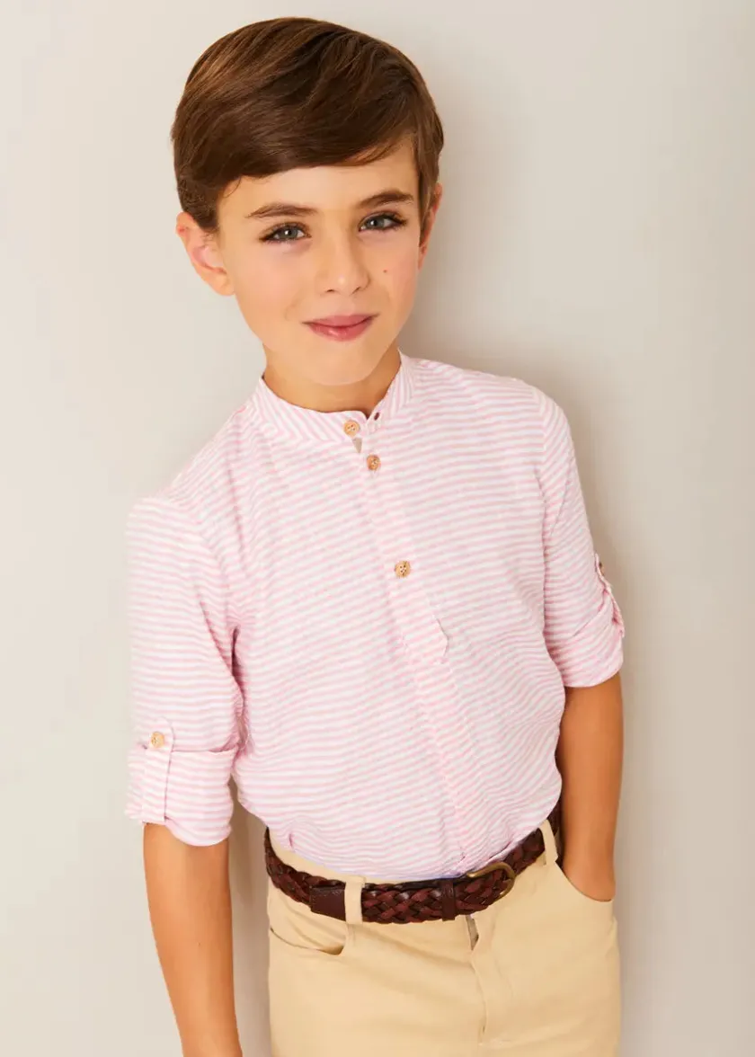 Lookbooks | Pepa London Hertford Striped Mao Collar Long Sleeve Shirt in Coral (12mths-10yrs) | Plain Five Pocket Chino Trousers in Camel (4-10yrs) | Safari Button Detail Cardigan in Green (4-10yrs) | Lace Up Plimsolls in Taupe (24-35EU) | Brown Striped Belt
