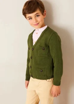Lookbooks | Pepa London Hertford Striped Mao Collar Long Sleeve Shirt in Coral (12mths-10yrs) | Plain Five Pocket Chino Trousers in Camel (4-10yrs) | Safari Button Detail Cardigan in Green (4-10yrs) | Lace Up Plimsolls in Taupe (24-35EU) | Brown Striped Belt