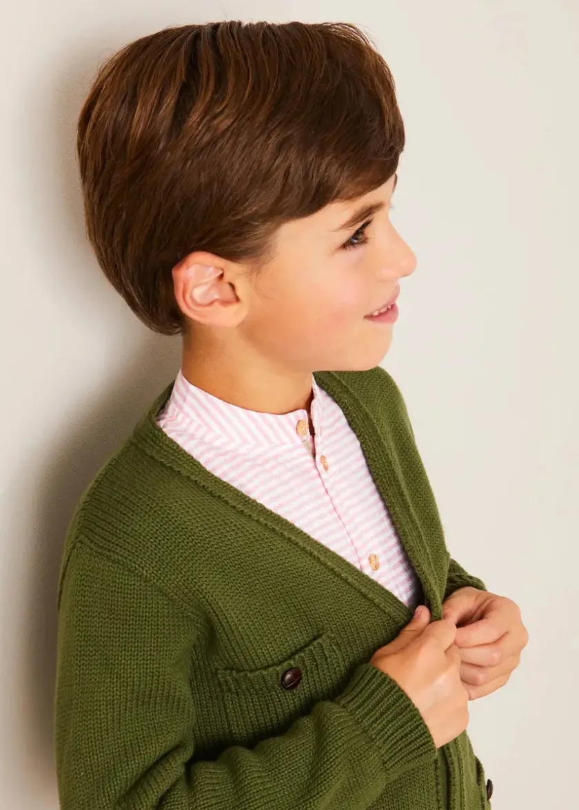 Lookbooks | Pepa London Hertford Striped Mao Collar Long Sleeve Shirt in Coral (12mths-10yrs) | Plain Five Pocket Chino Trousers in Camel (4-10yrs) | Safari Button Detail Cardigan in Green (4-10yrs) | Lace Up Plimsolls in Taupe (24-35EU) | Brown Striped Belt