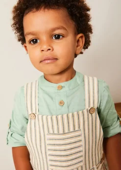 Lookbooks | Pepa London Holland Striped Pocket Front Dungarees in Green (18mths-4yrs) | Plain Mao Collar Long Sleeve Shirt in Green (12mths-10yrs) | Plain Cardigan in Cream (6mths-10yrs) | T-Bar Suede Baby Shoes in Beige (20-24EU) | Holland Striped Sun Hat in Green (XS-M) | Ribbed Short Socks in Beige (0mths-10yrs)
