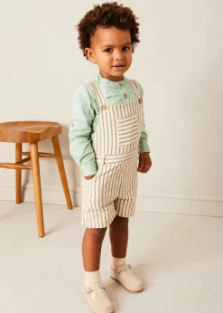 Lookbooks | Pepa London Holland Striped Pocket Front Dungarees in Green (18mths-4yrs) | Plain Mao Collar Long Sleeve Shirt in Green (12mths-10yrs) | Plain Cardigan in Cream (6mths-10yrs) | T-Bar Suede Baby Shoes in Beige (20-24EU) | Holland Striped Sun Hat in Green (XS-M) | Ribbed Short Socks in Beige (0mths-10yrs)