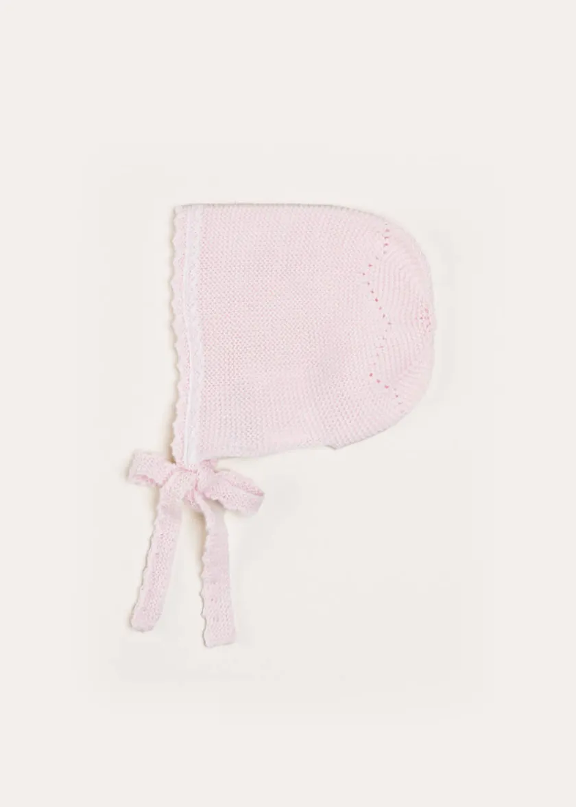 Bonnets & Booties | Bonnets, Booties & Mittens | Pepa London Lace Detail Knitted Bonnet in Pink (1-12mths)