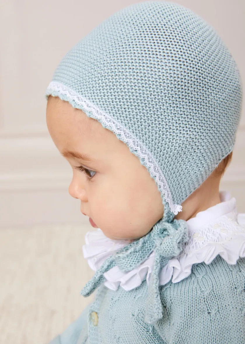 Bonnets & Booties | Bonnets & Booties | Pepa London Lace Detail Knitted Bonnet in Green (1-12mths)