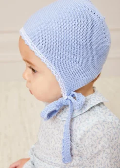 Bonnets & Booties | Bonnets & Booties | Pepa London Lace Detail Knitted Bonnet in Blue (1-6mths)