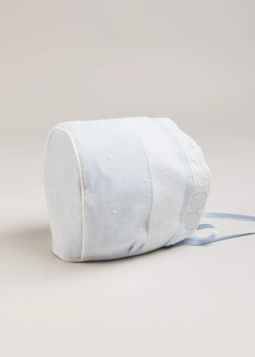 Bonnets & Booties | Bonnets & Booties | Pepa London Lace Trim Embroidered Bonnet in Pale Blue (3mths-2yrs)