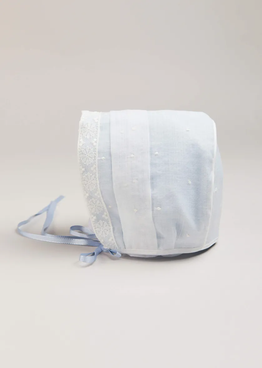 Bonnets & Booties | Bonnets & Booties | Pepa London Lace Trim Embroidered Bonnet in Pale Blue (3mths-2yrs)