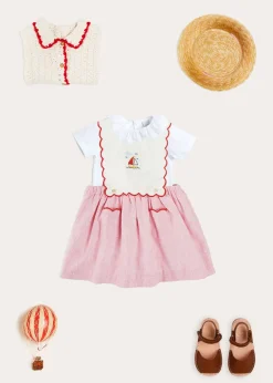 Lookbooks | Pepa London Lawrence Striped Boat Embroidered Scallop Detail Pinafore Skirt in Red (18mths-4yrs) | Cherry Motif Crochet Cardigan in Beige (2-10yrs) | Piculina Trim Top in White (2-10yrs) | Open Toe Leather Sandals in Brown (17-30EU)