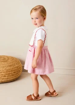 Lookbooks | Pepa London Lawrence Striped Boat Embroidered Scallop Detail Pinafore Skirt in Red (18mths-4yrs) | Cherry Motif Crochet Cardigan in Beige (2-10yrs) | Piculina Trim Top in White (2-10yrs) | Open Toe Leather Sandals in Brown (17-30EU)