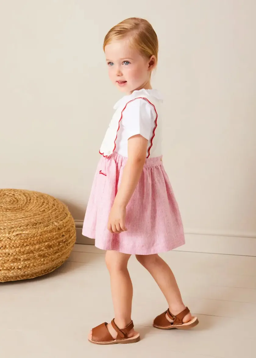 Lookbooks | Pepa London Lawrence Striped Boat Embroidered Scallop Detail Pinafore Skirt in Red (18mths-4yrs) | Cherry Motif Crochet Cardigan in Beige (2-10yrs) | Piculina Trim Top in White (2-10yrs) | Open Toe Leather Sandals in Brown (17-30EU)