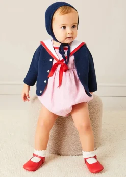 Rompers | Rompers | Pepa London Lawrence Striped Mariner Collar Short Sleeve Romper in Red (6mths-3yrs)