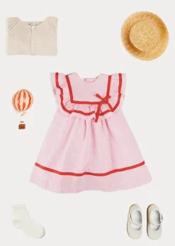 Lookbooks | Pepa London Lawrence Striped Ruffle Bib Sleeveless Dress in Red (12mths-8yrs) | Plain Cardigan in Cream (6mths-10yrs) | Mary Jane Leather Baby Shoes in Ivory (20-24EU) | Openwork short socks White (0mths-8yrs)