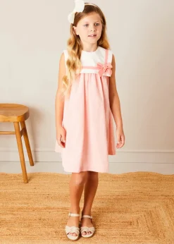 Lookbooks | Pepa London Linen Blend Trapeze Dress in Peach Orange (12mths-10yrs) | Openwork Cotton Cardigan in Cream (6mths-10yrs) | Girls Ivory Leather Mary Jane Shoes (20-34EU) | Traditional Big Bow Tulle Hairband in Ivory