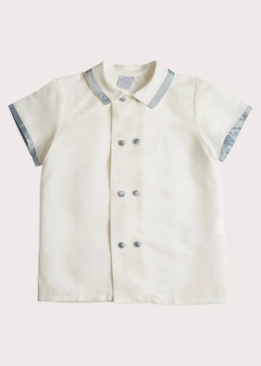 Tops & Shirts | Tops & Shirts | Pepa London Linen Boys Celebration Shirt White with Blue Silk piping (3-10yrs)