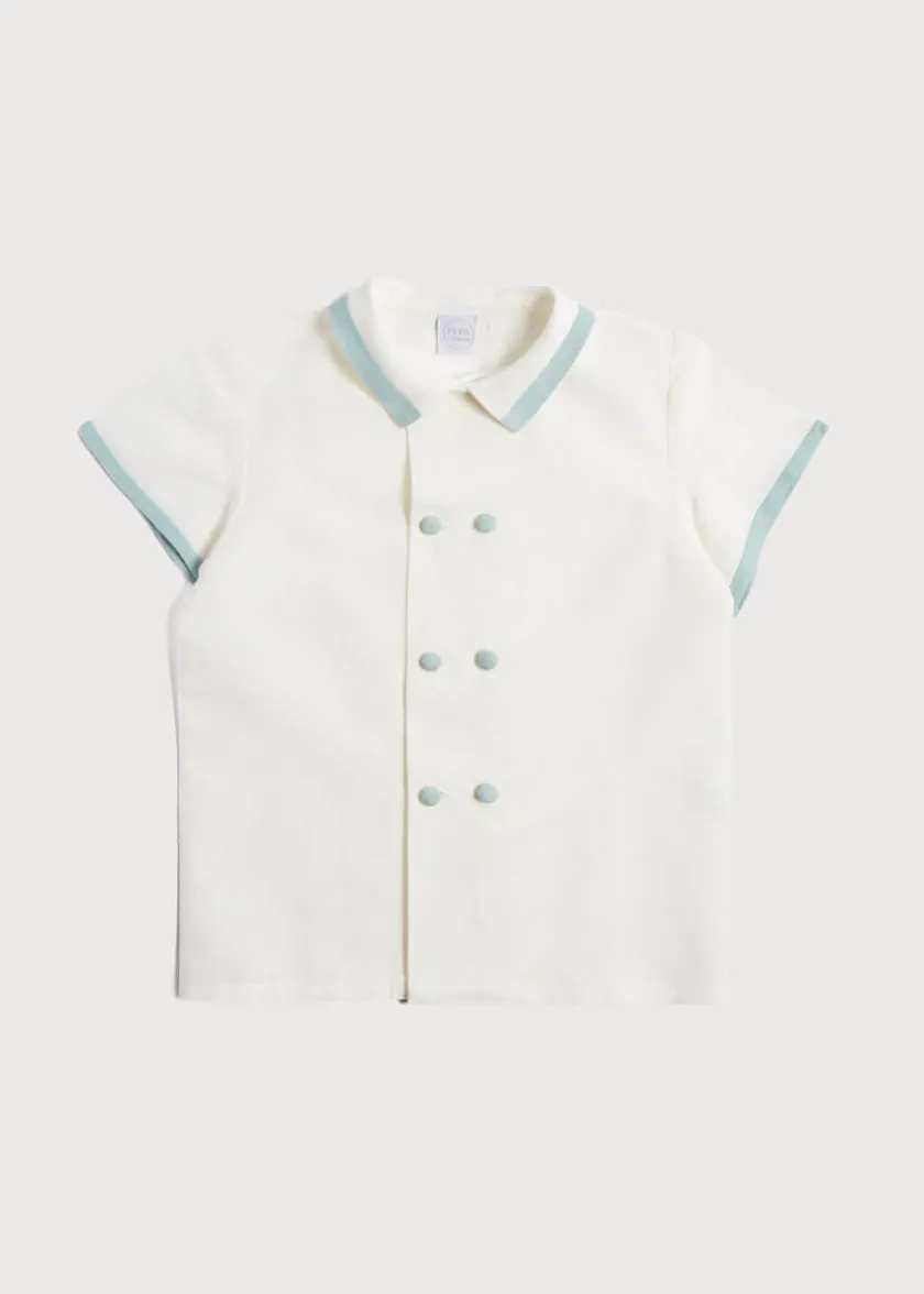 Tops & Shirts | Tops & Shirts | Pepa London Linen Boys Celebration Shirt White with Teal Piping (3-10yrs)