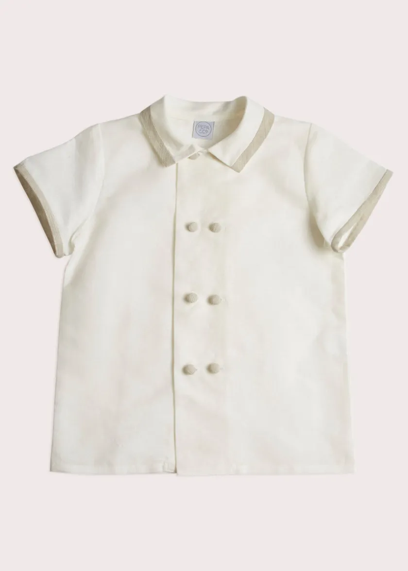 Tops & Shirts | Tops & Shirts | Pepa London Linen Boys Celebration Shirt White with Beige Piping (4-10yrs)