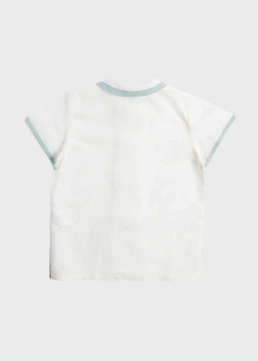 Tops & Shirts | Tops & Shirts | Pepa London Linen Boys Celebration Shirt White with Teal Piping (3-10yrs)
