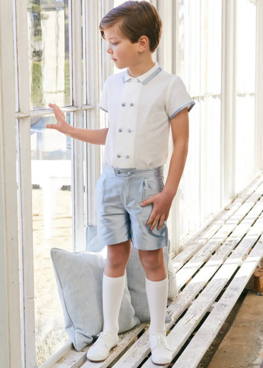 Tops & Shirts | Tops & Shirts | Pepa London Linen Boys Celebration Shirt White with Blue Silk piping (3-10yrs)