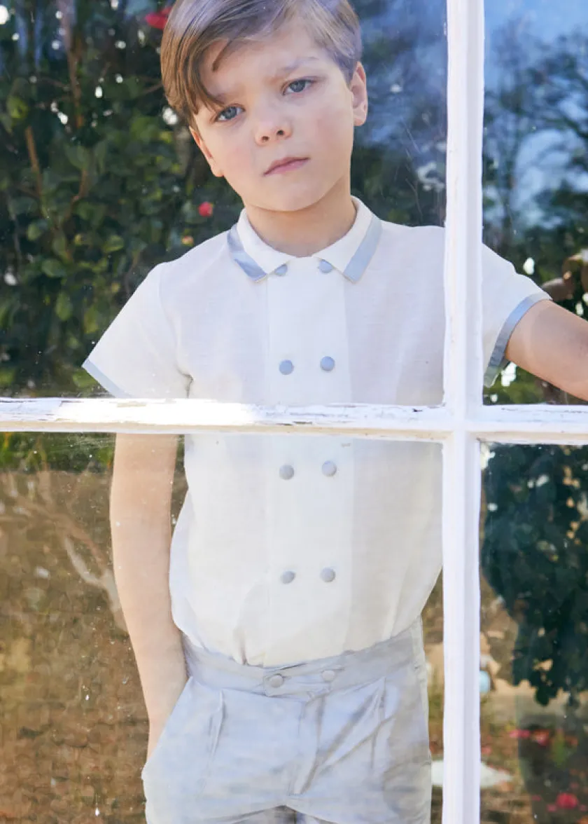 Tops & Shirts | Tops & Shirts | Pepa London Linen Boys Celebration Shirt White with Blue Silk piping (3-10yrs)