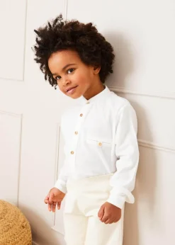 Tops & Shirts | Shirts | Pepa London Linen Mao Collar Long Sleeve Shirt in White (12mths-10yrs)