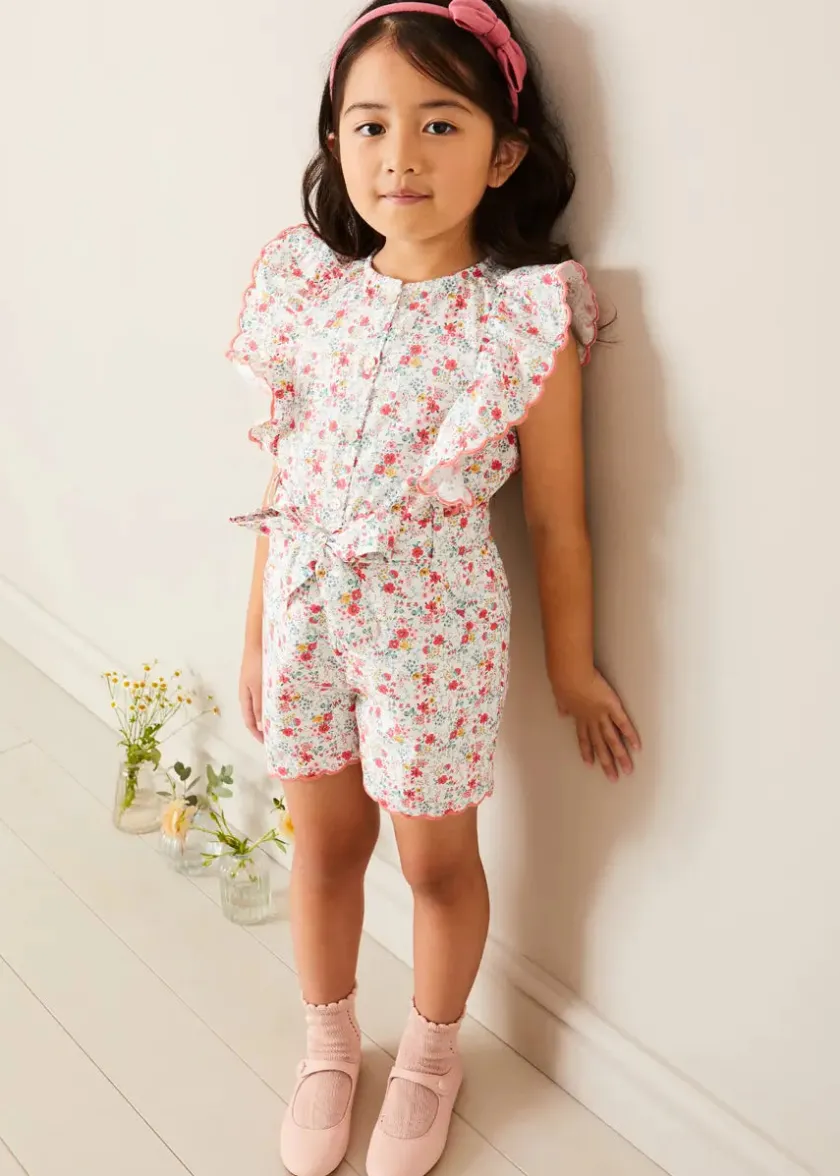 Lookbooks | Pepa London Louisa Floral Ruffle Detail Playsuit in Pink (4-12yrs) | Leather Mary Jane Shoes in Pink (24-34EU) | Openwork short socks - Dusty Pink (0mths-10yrs) | Raspberry Linen Hairband