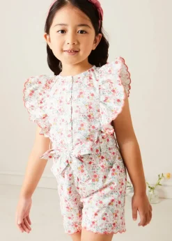 Lookbooks | Pepa London Louisa Floral Ruffle Detail Playsuit in Pink (4-12yrs) | Leather Mary Jane Shoes in Pink (24-34EU) | Openwork short socks - Dusty Pink (0mths-10yrs) | Raspberry Linen Hairband