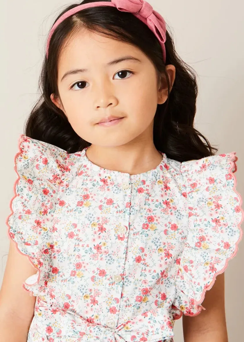 Lookbooks | Pepa London Louisa Floral Ruffle Detail Playsuit in Pink (4-12yrs) | Leather Mary Jane Shoes in Pink (24-34EU) | Openwork short socks - Dusty Pink (0mths-10yrs) | Raspberry Linen Hairband