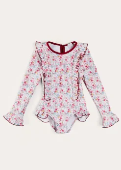 Swimwear | Swimwear | Pepa London Louisa Floral Ruffle Trim Long Sleeve Swimsuit in Pink (2-10yrs)