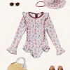 Lookbooks | Pepa London Louisa Floral Ruffle Trim Long Sleeve Swimsuit in Pink (2-10yrs) | Louisa Floral Beach Hat in Pink (S-M) | Open Toe Leather Sandals in Brown (17-30EU) | Louisa Floral Detail Raffia Bag in Coral