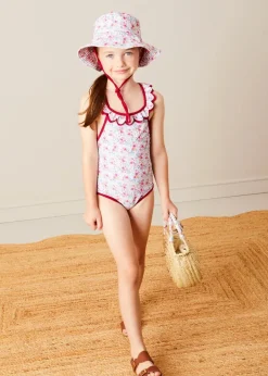 Swimwear | Swimwear | Pepa London Louisa Floral Ruffle Trim Swimsuit in Pink (2-10yrs)