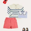 Lookbooks | Pepa London Lyall Stripe Anchor Motif Mariner Collar Short Sleeve Shirt in Blue (12mths-6yrs) | Striped Crewneck Button Detail Jumper in Blue (12mths-10yrs) | Plain Linen Toddler Shorts in Red (12mths-4yrs) | Canvas Plimsolls in Navy (20-35EU)