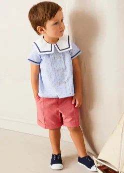Lookbooks | Pepa London Lyall Stripe Anchor Motif Mariner Collar Short Sleeve Shirt in Blue (12mths-6yrs) | Striped Crewneck Button Detail Jumper in Blue (12mths-10yrs) | Plain Linen Toddler Shorts in Red (12mths-4yrs) | Canvas Plimsolls in Navy (20-35EU)