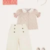Lookbooks | Pepa London Mabel Floral Embroidered Short Sleeve Blouse in Coral (18mths-10yrs) | Wide Leg Front Button Trousers in Beige (2-10yrs) | Floral Openwork Cotton Cardigan in Pink (2-10yrs) | Openwork short socks - Dusty Pink (0mths-10yrs) | Leather Mary Jane Shoes in Pink (24-34EU) | Mabel Floral Hairband in Coral