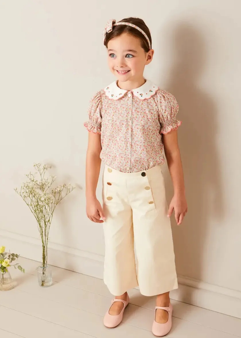 Lookbooks | Pepa London Mabel Floral Embroidered Short Sleeve Blouse in Coral (18mths-10yrs) | Wide Leg Front Button Trousers in Beige (2-10yrs) | Floral Openwork Cotton Cardigan in Pink (2-10yrs) | Openwork short socks - Dusty Pink (0mths-10yrs) | Leather Mary Jane Shoes in Pink (24-34EU) | Mabel Floral Hairband in Coral