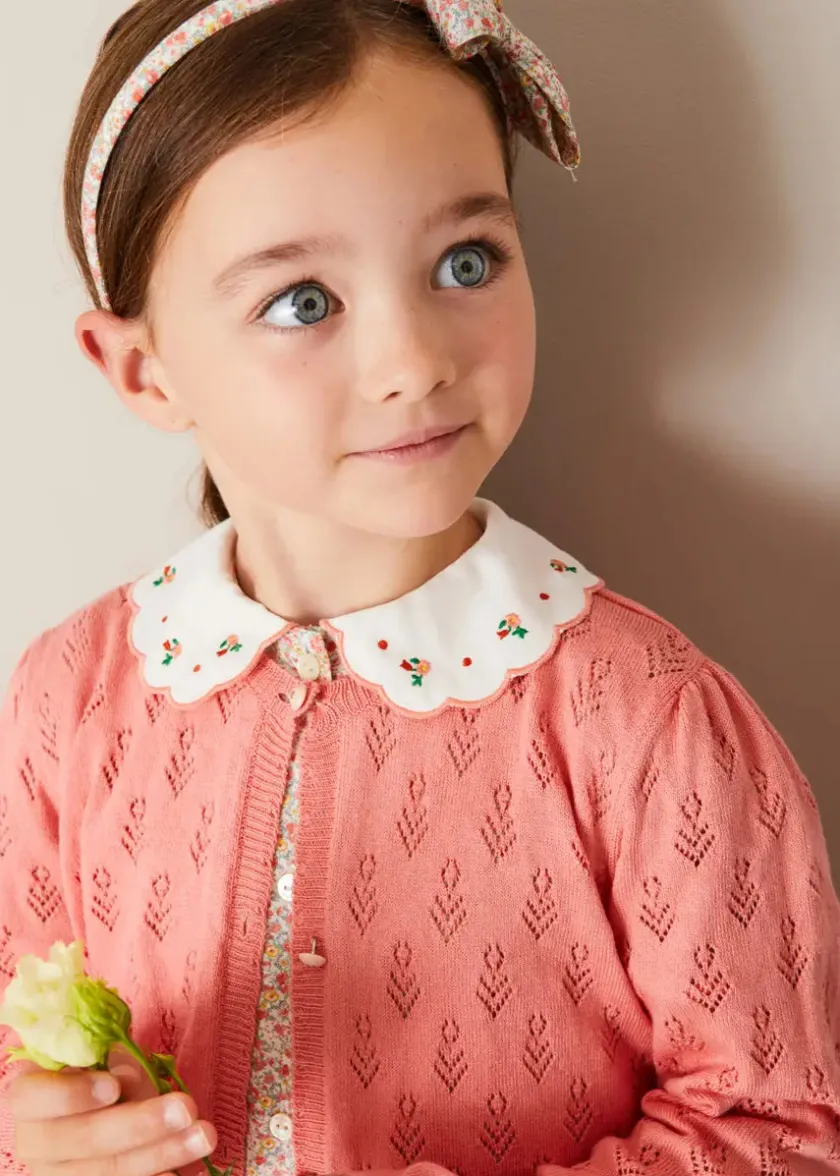Lookbooks | Pepa London Mabel Floral Embroidered Short Sleeve Blouse in Coral (18mths-10yrs) | Wide Leg Front Button Trousers in Beige (2-10yrs) | Floral Openwork Cotton Cardigan in Pink (2-10yrs) | Openwork short socks - Dusty Pink (0mths-10yrs) | Leather Mary Jane Shoes in Pink (24-34EU) | Mabel Floral Hairband in Coral