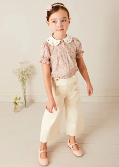 Lookbooks | Pepa London Mabel Floral Embroidered Short Sleeve Blouse in Coral (18mths-10yrs) | Wide Leg Front Button Trousers in Beige (2-10yrs) | Floral Openwork Cotton Cardigan in Pink (2-10yrs) | Openwork short socks - Dusty Pink (0mths-10yrs) | Leather Mary Jane Shoes in Pink (24-34EU) | Mabel Floral Hairband in Coral