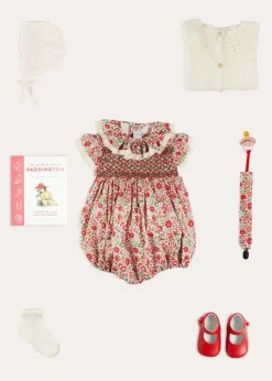 Lookbooks | Pepa London Margot Floral Romper in Red Made with Liberty Fabric (6m-2yrs) | Openwork Cotton Cardigan in Cream (6mths-10yrs) | Openwork Cotton Knitted Bonnet in Cream (S-L) | Leather Mary Jane Pram Shoes in Red (17-20EU) | Margot Dummy Clip in Red Made with Liberty Fabric | Openwork short socks White (0mths-8yrs) | BIBS Dummy in Pink