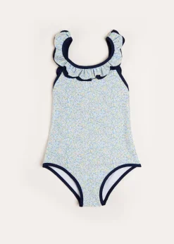 Swimwear | Swimwear | Pepa London Matilda Floral Print Ruffle Trim Swimsuit in Blue (2-8yrs)