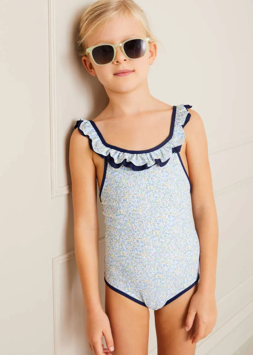 Swimwear | Swimwear | Pepa London Matilda Floral Print Ruffle Trim Swimsuit in Blue (2-8yrs)