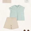 Lookbooks | Pepa London Maxwell Gingham Peter Pan Collar Short Sleeve Shirt in Green (18mths-5yrs) | Faux Pocket Elasticated Waist Shorts in Ivory (12mths-4yrs) | Plain Cardigan in Cream (6mths-10yrs) | Leather Fishermans Sandals in Navy (21-27EU)