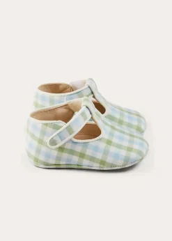 T-bars | T-bar Shoes | Pepa London Maxwell Gingham T-Bar Pram Shoes in Green (17-20EU)