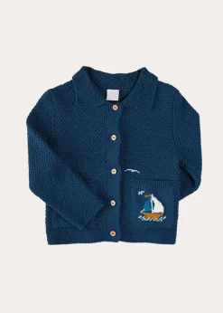 Knitwear & Cardigans | Pepa London Nautical Boat Embroidery Polo Collar Cardigan in Blue (12mths-6yrs)