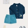 Lookbooks | Pepa London Nautical Boat Embroidery Polo Collar Cardigan in Blue (12mths-6yrs) | Chesham Striped Mao Collar Long Sleeve Shirt in Red (3-10yrs) | Plain Elasticated Shorts in Blue (12mths-4yrs) | T-Bar Baby Shoes in Blue (20-26EU) | Ribbed Short Socks in Beige (0mths-10yrs)
