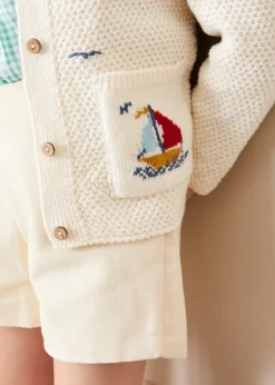 Knitwear & Cardigans | Pepa London Nautical Boat Embroidery Polo Collar Cardigan in Cream (12mths-6yrs)