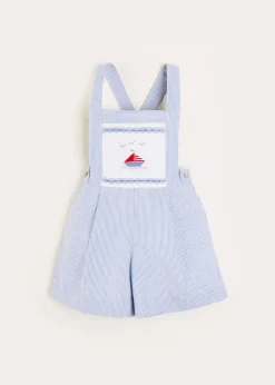 Shorts & Trousers | Dungarees & Rompers | Pepa London Nautical Striped Boat Embroidery Short Dungarees in Blue (18mths-4yrs)