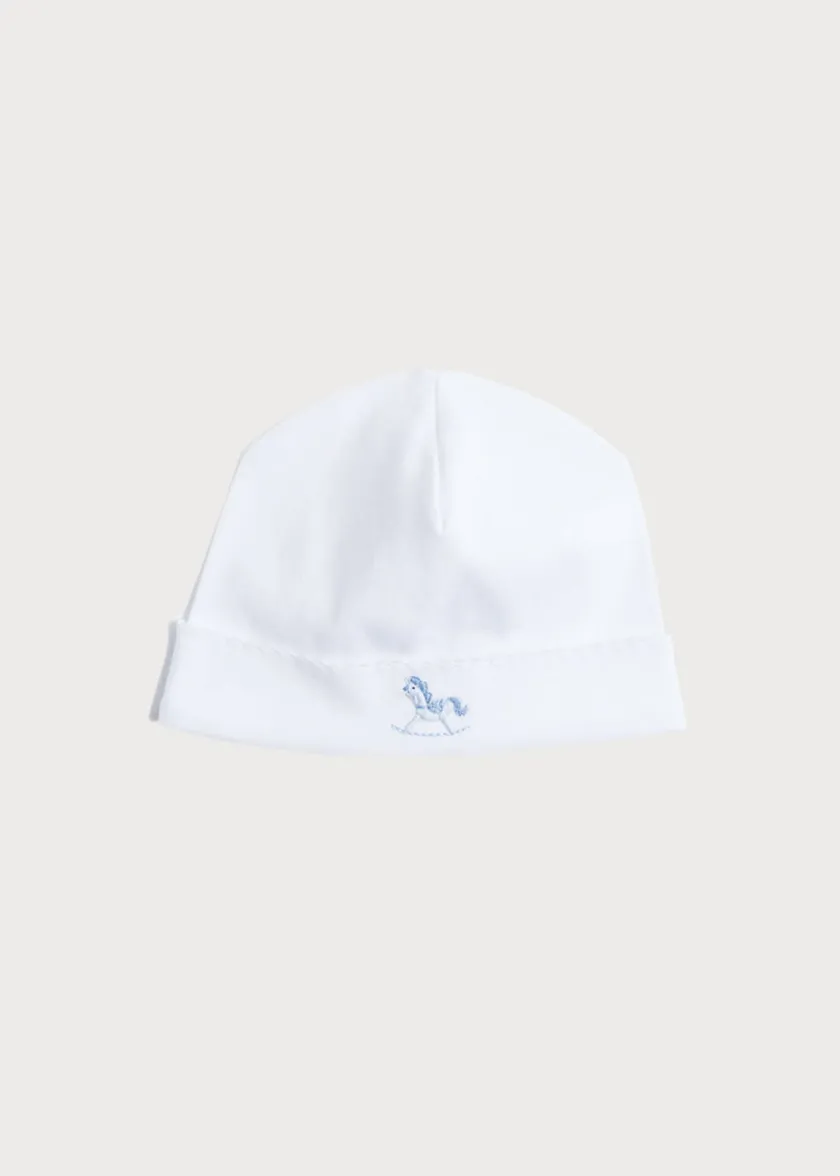 Bonnets & Booties | Gifting | Pepa London Newborn Bonnet with Rocking Horse Embroidery Blue (0-3mths)